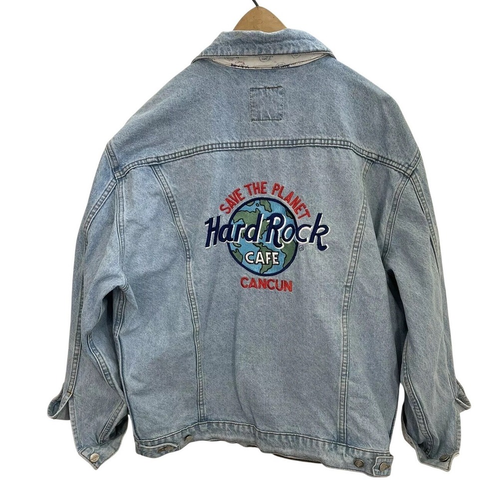 Vintage Hard Rock Cafe Denim Jacket Save The Planet Cancun Embroidered SZ XL